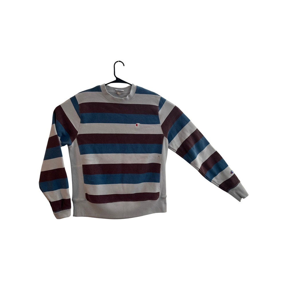 Champion Reverse Weave Striped Sweatshirt Mens Large Blue Burgundy Grey Crewneck
